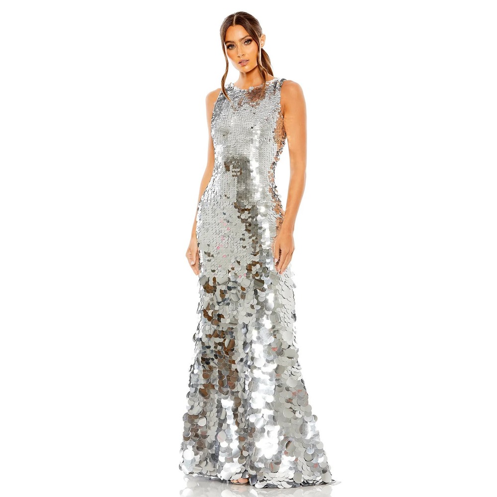 MAC DUGGAL 5959 Sleeveless High Neck Disc Sequin Gown Silver Lined 6 NEW
